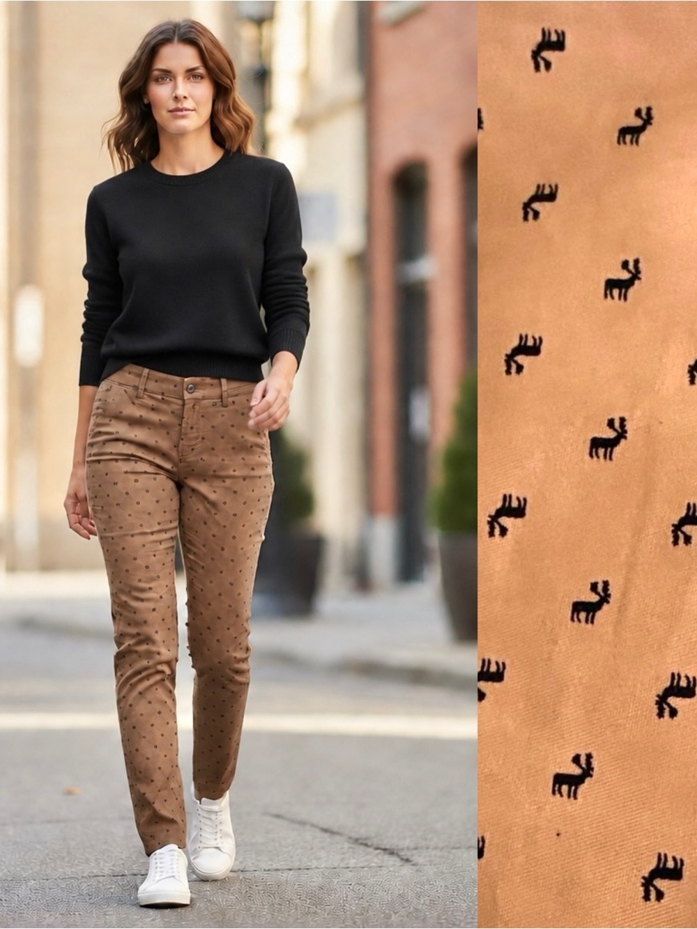 Light Brown Pants with Black Reindeer Print Lightweight Cotton Blend Pants XL